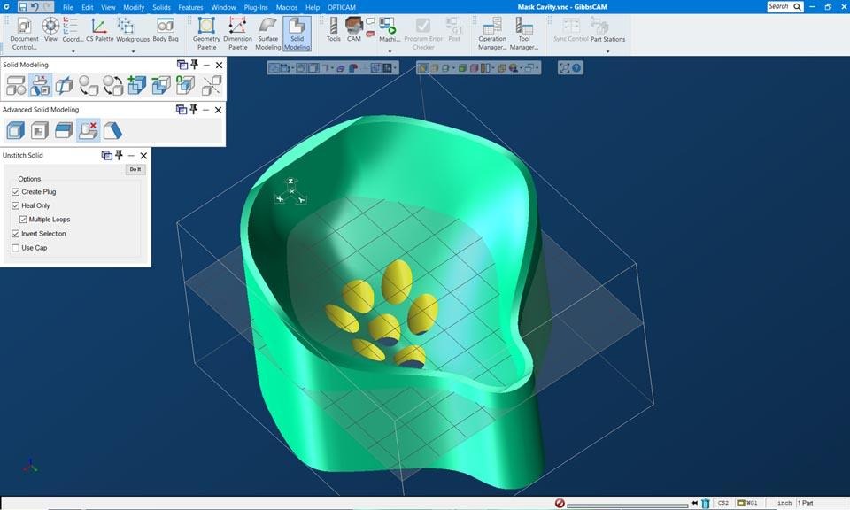 GibbsCAM GO Solid Milling workspace showing the Advanced Solid Modeling palette, the Unstitch Solid dialog, and selected feature faces on a green solid model.