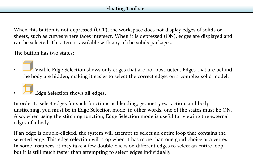 Official GibbsCAM Common Reference excerpt explaining Visible Edge Selection, Edge Selection, and the requirement to enable an edge-selection state for body unstitching.