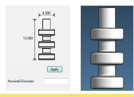 Figure 2 - Tool Creation preview and rendered form-tool example. GibbsCAM Mill documentation example showing a form-tool preview in the Tool Creation dialog and the corresponding rendered tool.