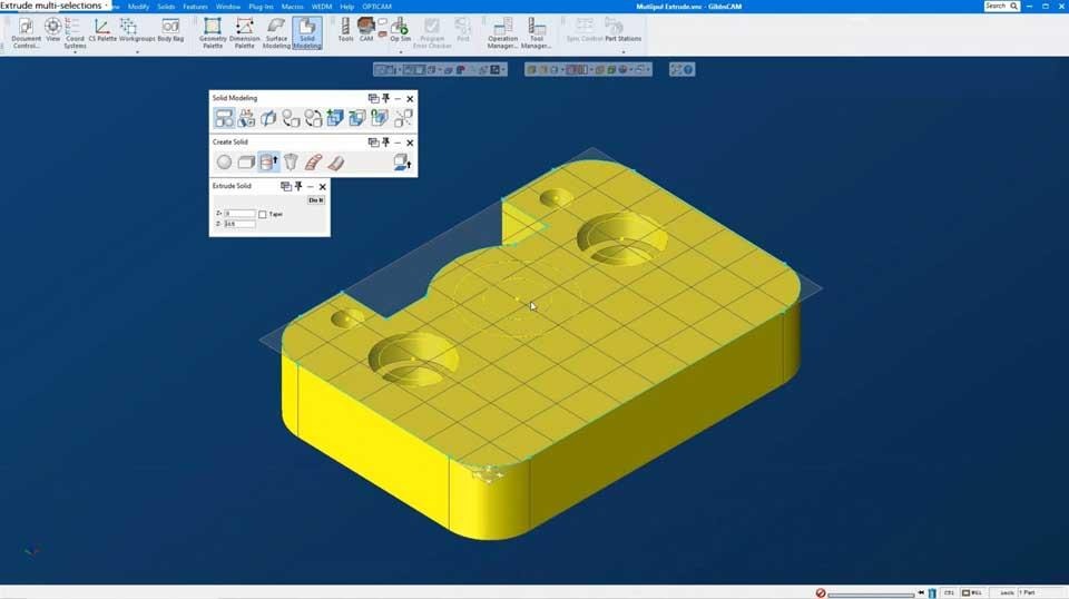 Figure 1 - GibbsCAM Extrude Solid applied to selected 2D profiles. Official GibbsCAM interface showing the Solid Modeling and Create Solids palettes, the Extrude Solid dialog, selected profiles, and the resulting yellow solid body.