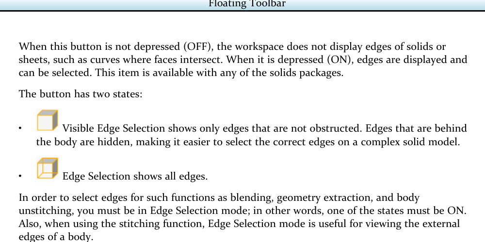 Figure 2 - Edge Selection must be enabled for blending operations such as chamfering. Official GibbsCAM Common Reference excerpt describing Visible Edge Selection, Edge Selection, and the requirement to enable edge selection for blending.