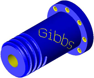 Figure 2 - Example of a faceted body used to display an in-process stock condition. Blue faceted GibbsCAM body representing a previously machined stock condition with holes, threads, and a flange.