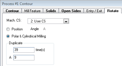 Figure 2 - Polar & Cylindrical Milling selected on the Rotate tab. GibbsCAM Contour process Rotate tab showing the Machining CS, Position option, Polar and Cylindrical Milling option selected, and rotary repeat settings.