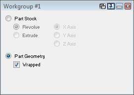 Figure 1 - Select Wrapped in Workgroup Info to place the workgroup in radial mode. GibbsCAM Workgroup Info dialog with Part Geometry selected and the Wrapped checkbox enabled.