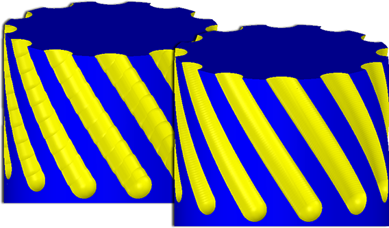 Figure 3 - Slow and fast simulation speeds can show different angular rendering tolerances. GibbsCAM comparison of coarse and fine angular rendering tolerance on helical cylindrical features; the smoother image contains more display facets.