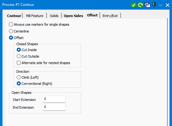 Figure 1 - Clear Always use markers for single shapes to select Centerline or an Offset Direction in the Offset tab. GibbsCAM Contour process Offset tab with Always use markers for single shapes cleared, Offset and Conventional Right selected, and Start Extension and End Extension set to zero.