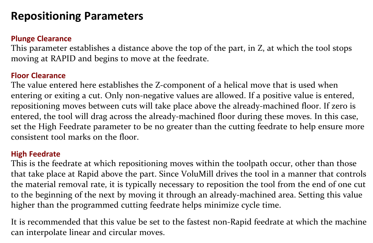 Figure 1 - VoluMill Repositioning Parameters in the GibbsCAM 2026 documentation. Excerpt from the GibbsCAM 2026 VoluMill documentation describing Plunge Clearance, Floor Clearance, and High Feedrate for repositioning moves.