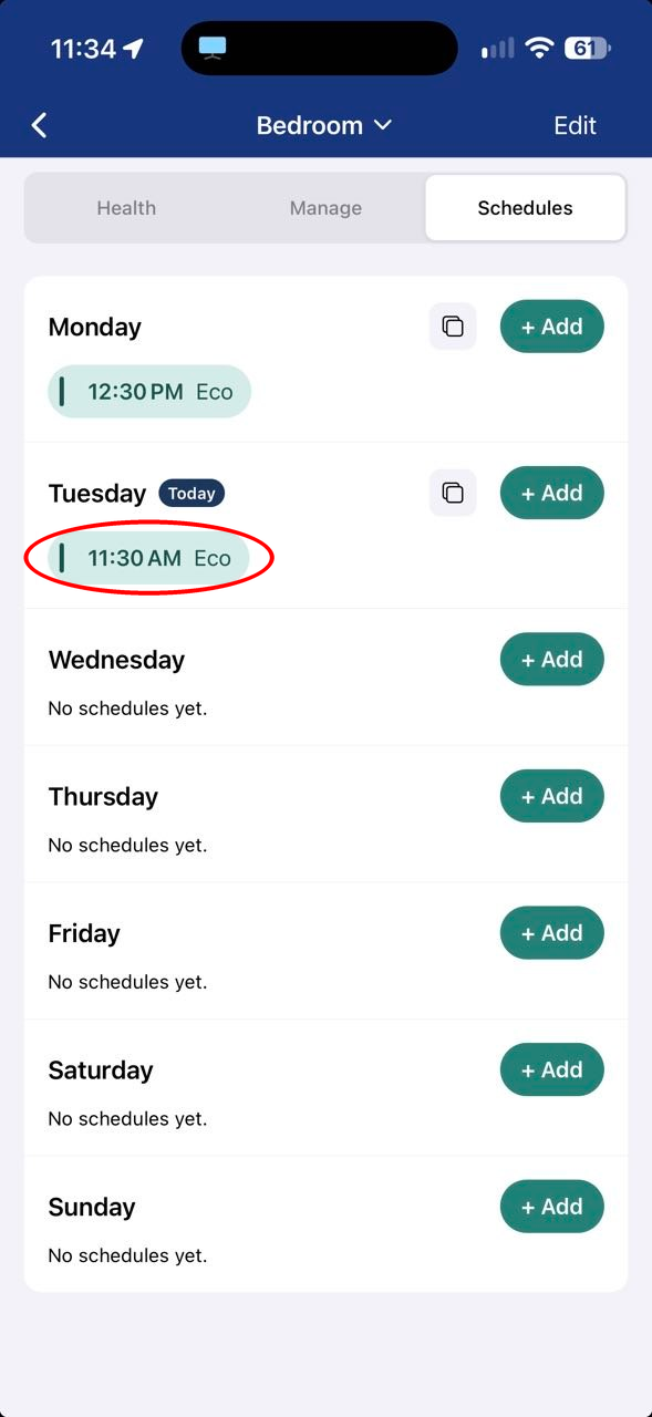 Schedules tab with a schedule circled