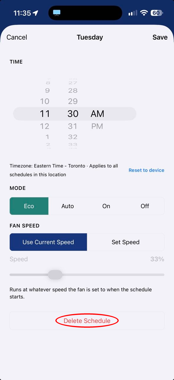 Schedule screen with Delete Schedule circled