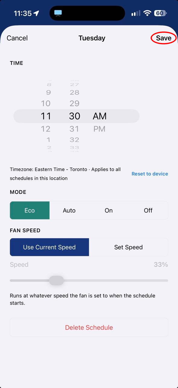Schedule screen with Save circled