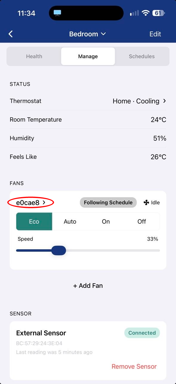 Manage tab with the fan ID circled