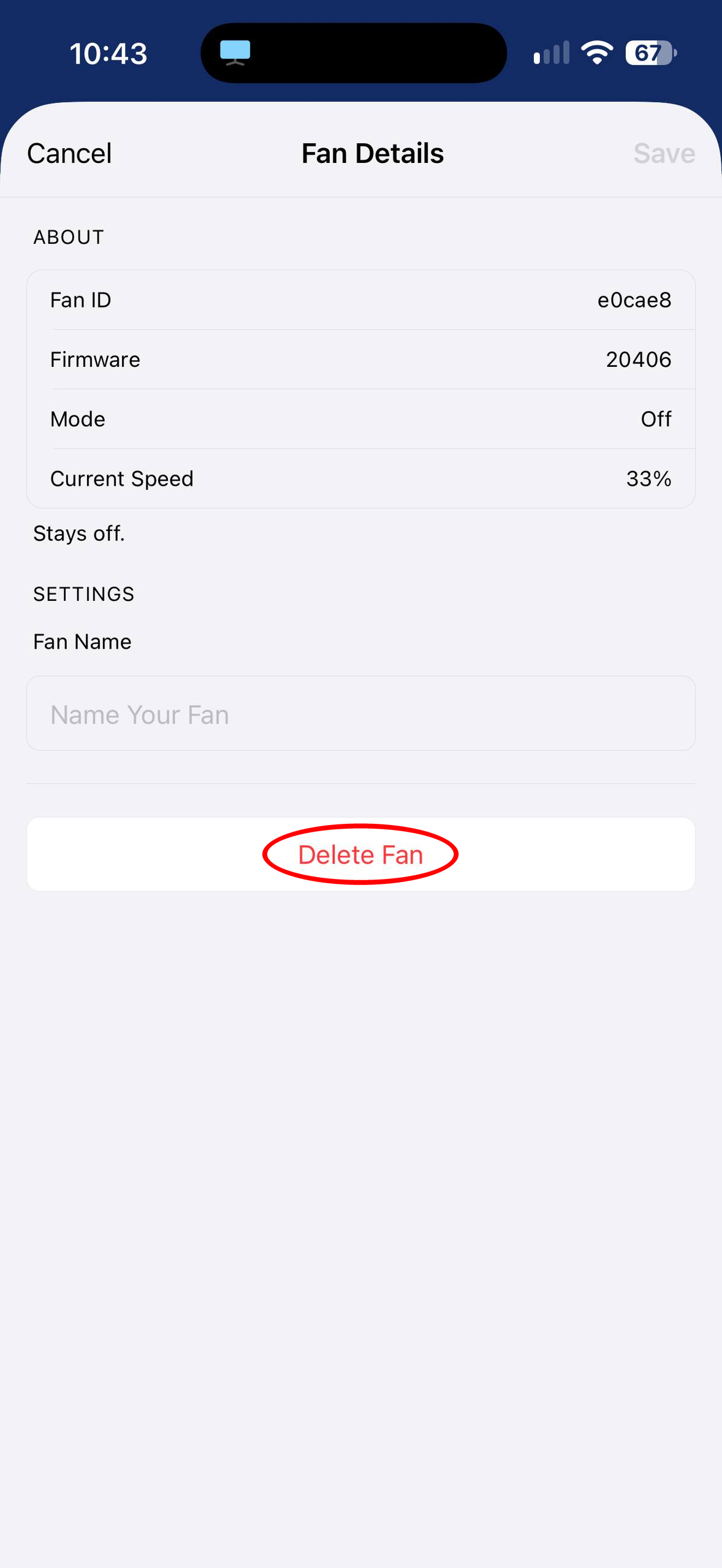 Fan Details screen with Delete Fan circled