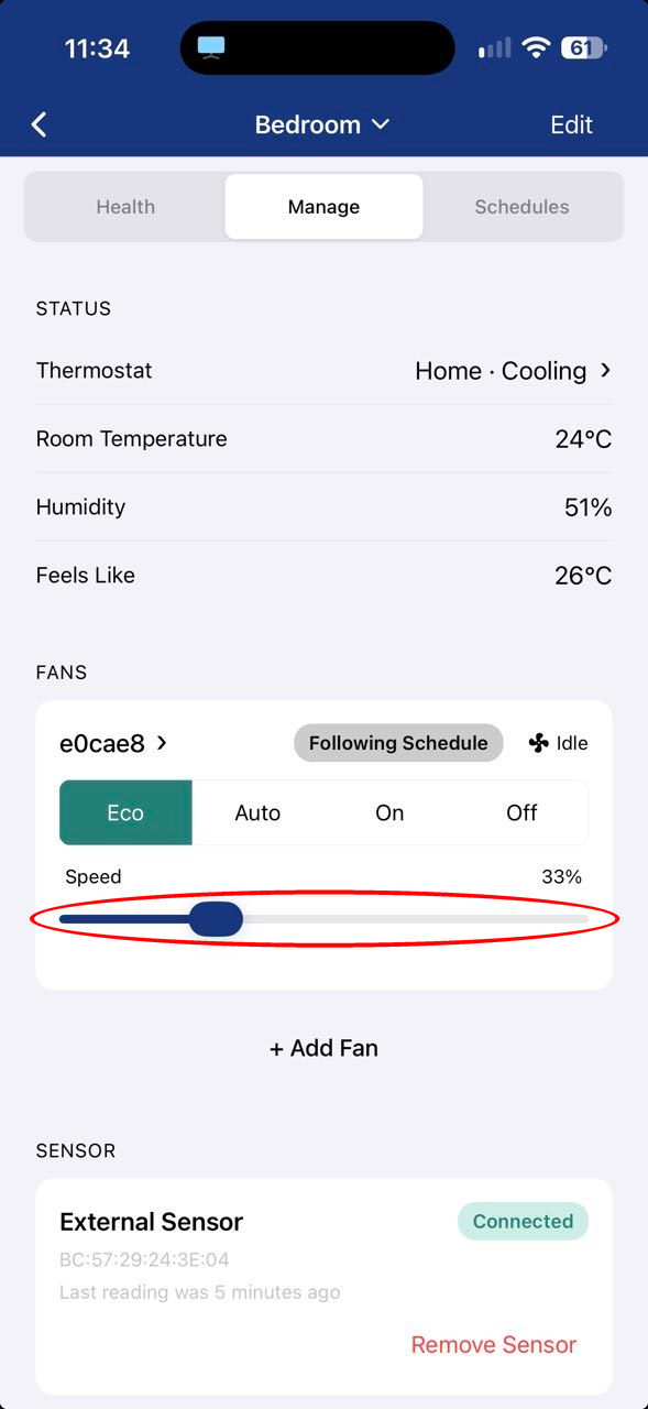 Manage tab with the Speed slider circled