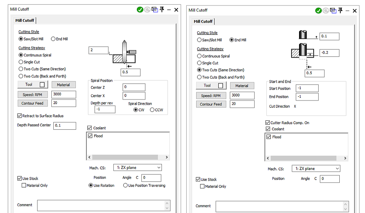 GibbsCAM 2024 Mill Cutoff dialogs for Saw or Slot Mill and End Mill cutting styles.