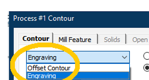 GibbsCAM 2024 Mill Contour dialog with Engraving selected in the upper-left process-mode menu.