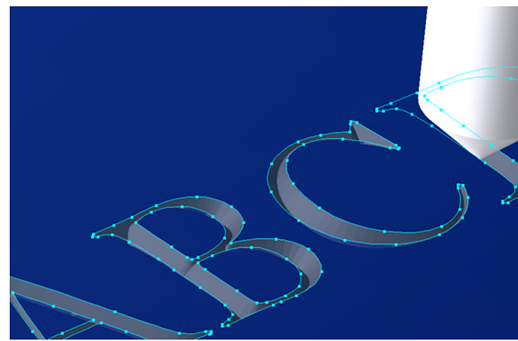GibbsCAM 2024 variable-depth toolpath following outline-font geometry with a tapered engraving tool.