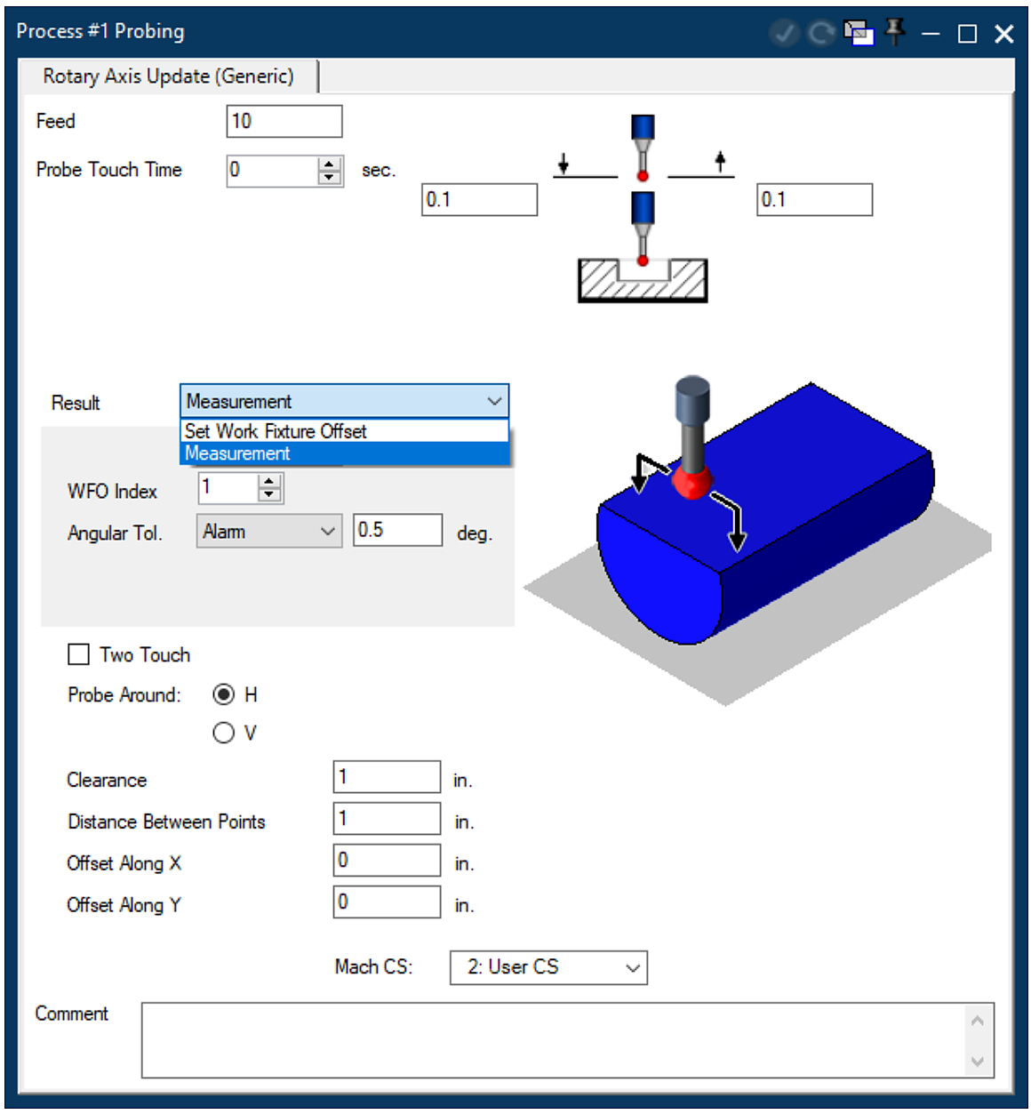GibbsCAM 2024 Rotary Axis Update Generic dialog showing Measurement and Set Work Fixture Offset result choices and related cycle controls.
