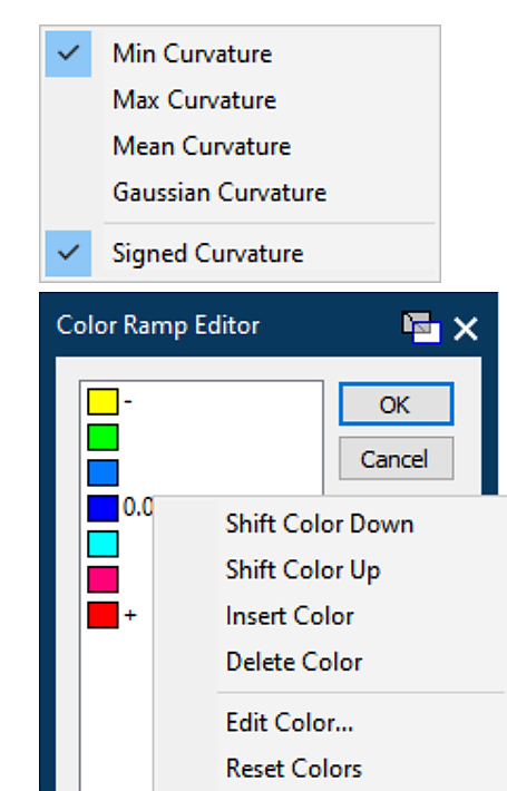 GibbsCAM 2024 curvature calculation menu and Color Ramp Editor controls.