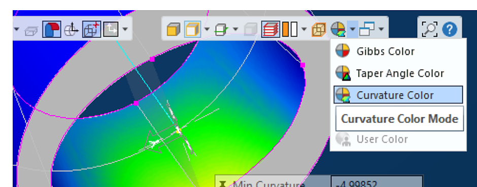 GibbsCAM 2024 model displayed with a curvature color map and the Color Mode dropdown showing Taper Angle Color and Curvature Color.