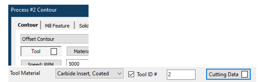 Tool and process cutting-data controls GibbsCAM process and Tool dialog controls showing the Tool and Cutting Data buttons and their attached-data indicators.