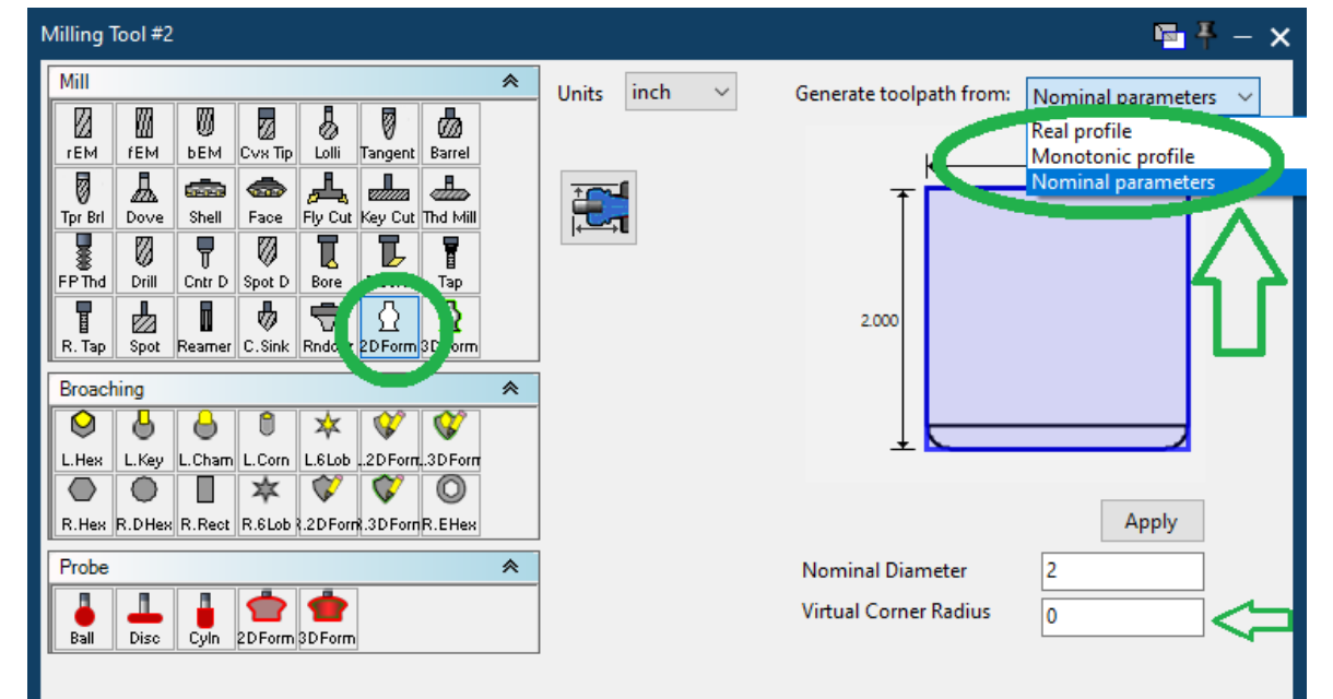Mill Form Tool programming controls GibbsCAM Milling Tool dialog showing 2D Form and 3D Form tools, the Generate toolpath from choices, Nominal Diameter, and Virtual Corner Radius.