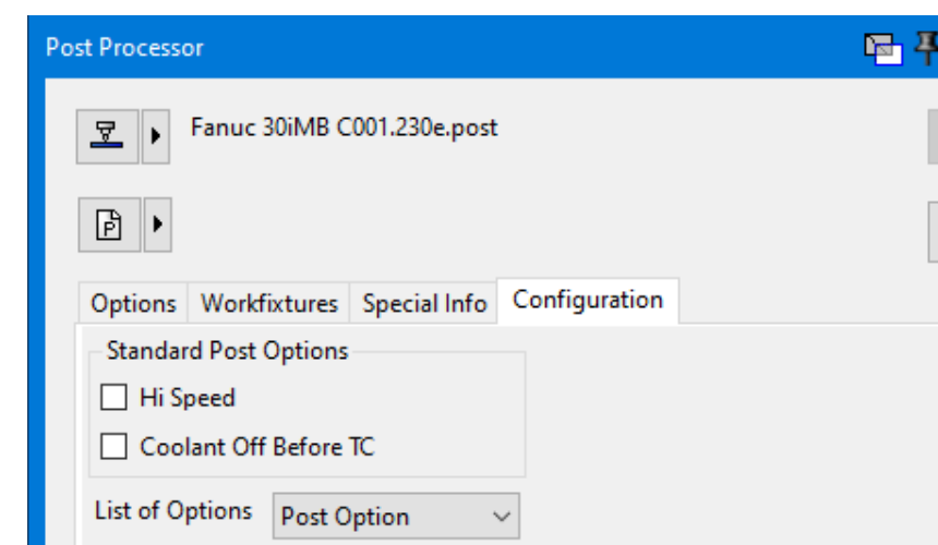 Post Configuration tab GibbsCAM 2024 Post Processor dialog with the Configuration tab selected and example standard options and a list option supplied by the post.