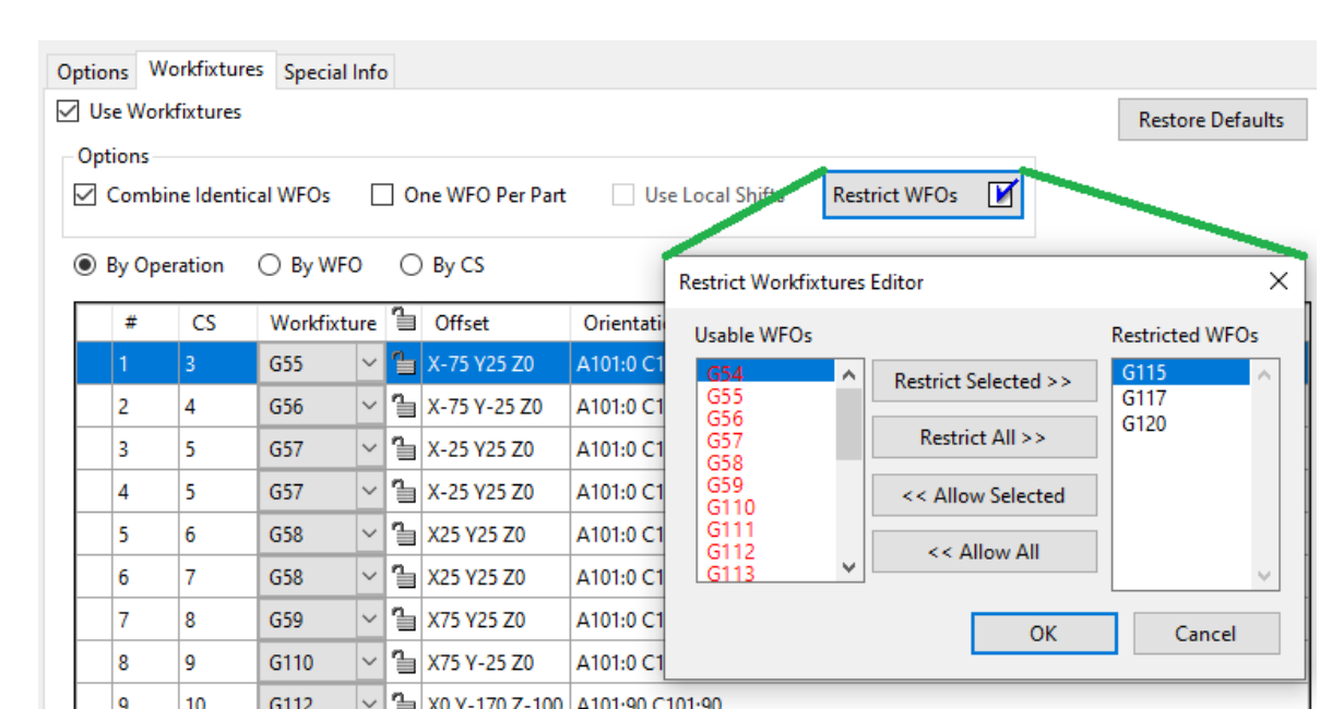 Restrict Workfixtures Editor GibbsCAM 2024 Workfixtures tab and Restrict Workfixtures Editor showing usable and restricted WFO lists and commands to restrict or allow offsets.