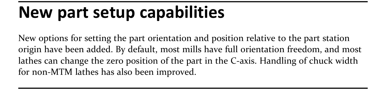GibbsCAM 2024 part setup capabilities Excerpt describing part position and orientation relative to the part station origin, C-axis zero adjustment on most lathes, and improved chuck-width handling for non-MTM lathes.