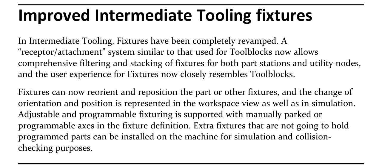 GibbsCAM 2024 Intermediate Tooling fixture improvements Excerpt describing receptor and attachment fixture stacking, fixture-driven position and orientation, manually parked or programmable axes, and simulation-only fixtures.