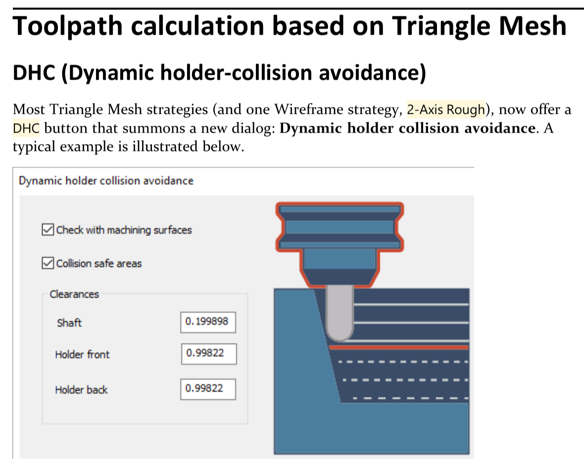 Dynamic holder collision avoidance dialog Excerpt showing machining-surface and collision-safe-area checks with separate Shaft, Holder front, and Holder back clearances.