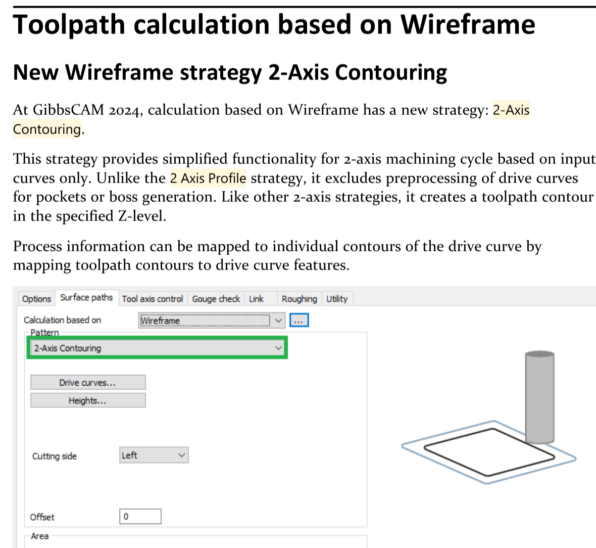 Wireframe 2-Axis Contouring strategy Excerpt showing the Wireframe 2-Axis Contouring strategy, drive-curve controls, cutting side, offset, and simplified curve-based workflow.