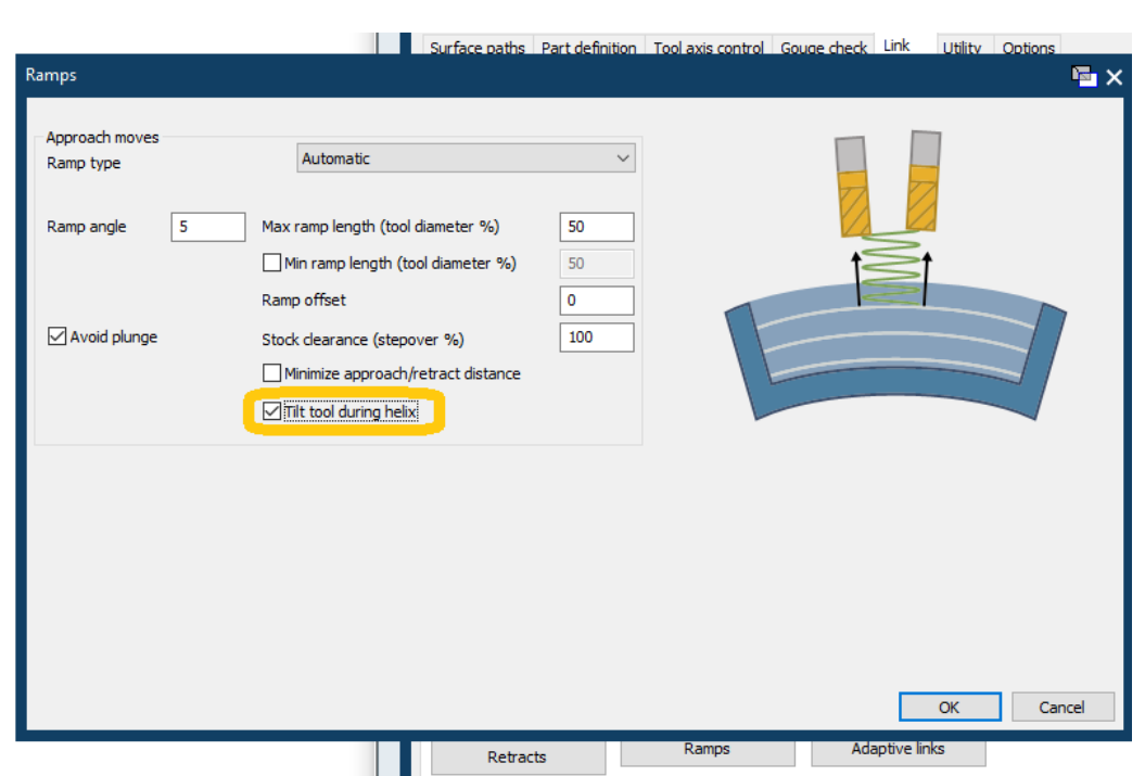 Tilt tool during helix control Ramps dialog showing Tilt tool during helix enabled for an Adaptive Multiaxis Roughing entry.