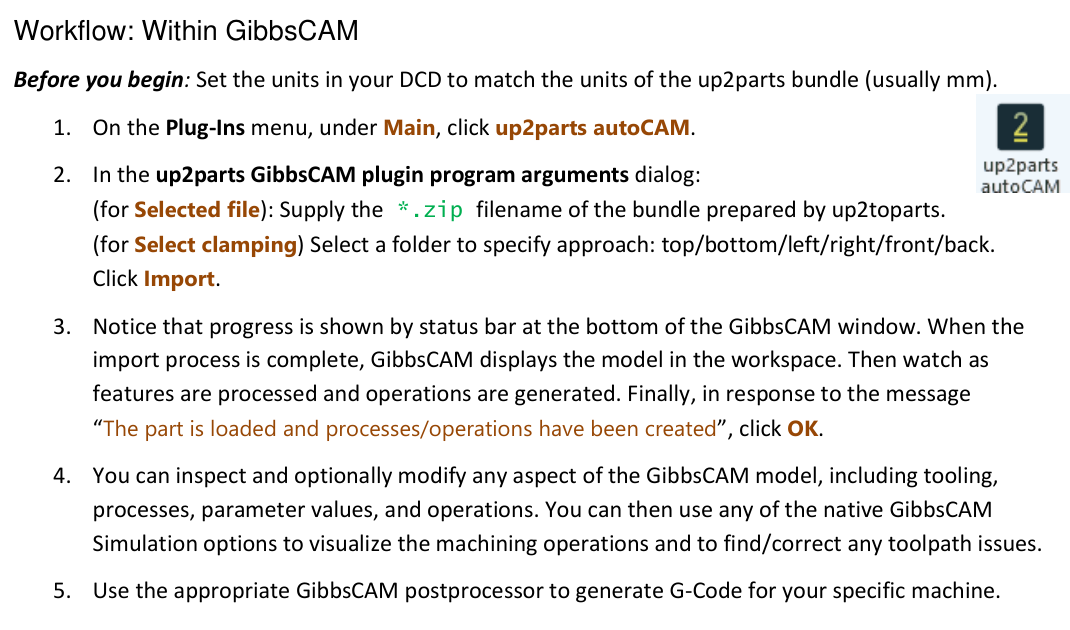 GibbsCAM 2025 release-note excerpt listing the up2parts autoCAM command, bundle and clamping selections, import completion, review, simulation, and post steps.