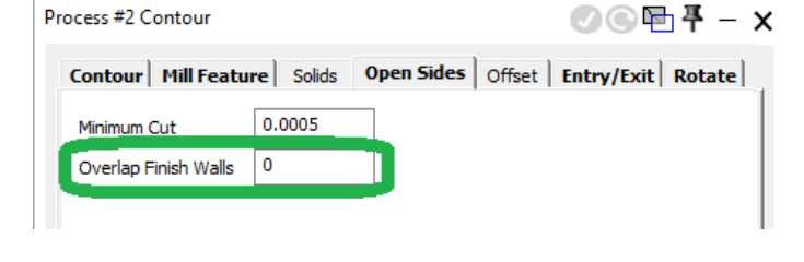 GibbsCAM 2025 Open Sides tab showing the Overlap Finish Walls field available with Material Only.