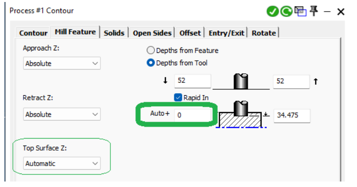 GibbsCAM 2025 Mill Feature tab showing Top Surface Z set to Automatic and the Auto+ incremental-offset field.