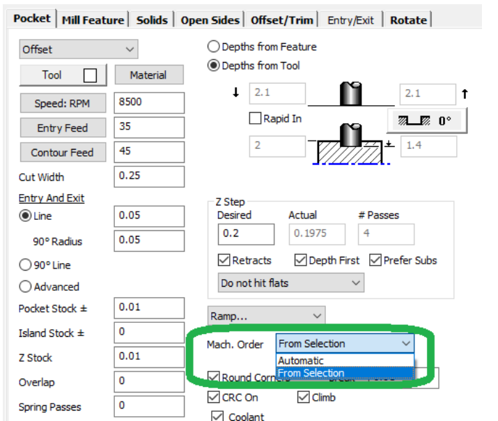 GibbsCAM 2025 Pocket tab showing Mach. Order choices Automatic and From Selection.