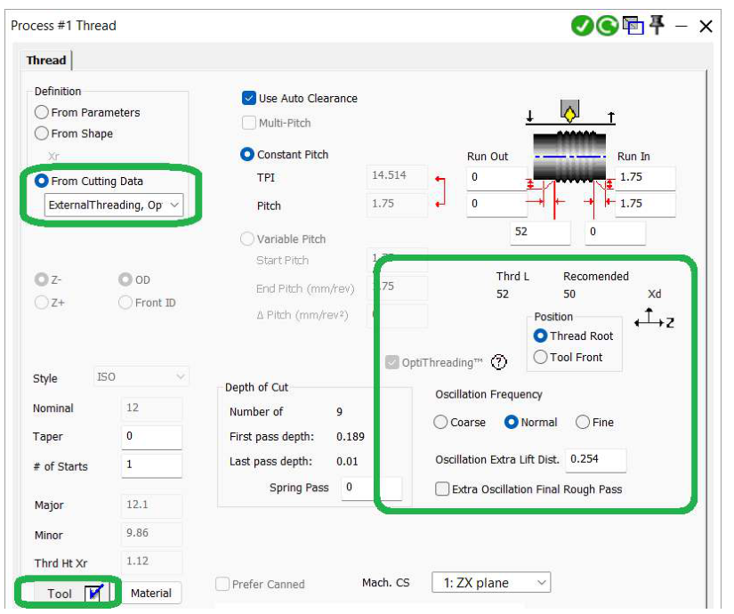 GibbsCAM Thread process using From Cutting Data with OptiThreading frequency, extra lift distance, and final rough-pass controls.
