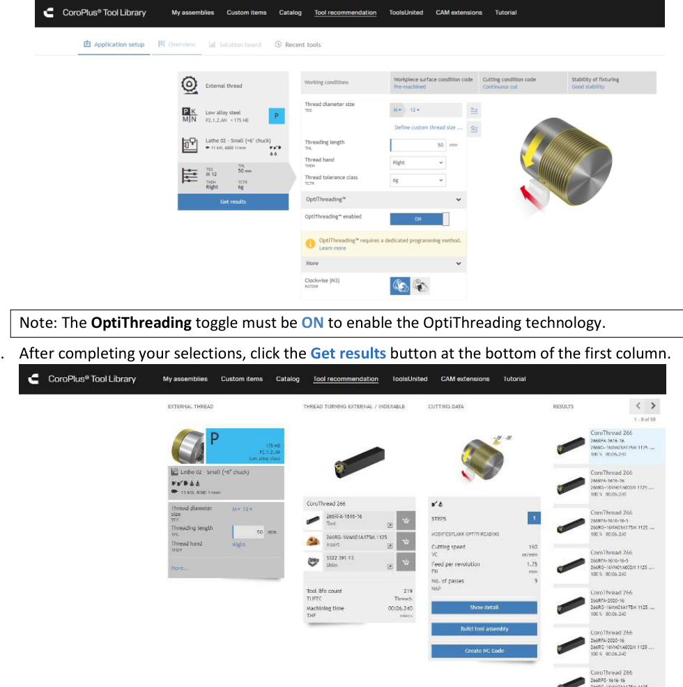 CoroPlus application setup with OptiThreading enabled and the results screen containing the tooling and cutting-data proposal.