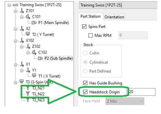 GibbsCAM Machine Manager showing a Swiss lathe spindle node with Has Guide Bushing and Headstock Origin enabled.