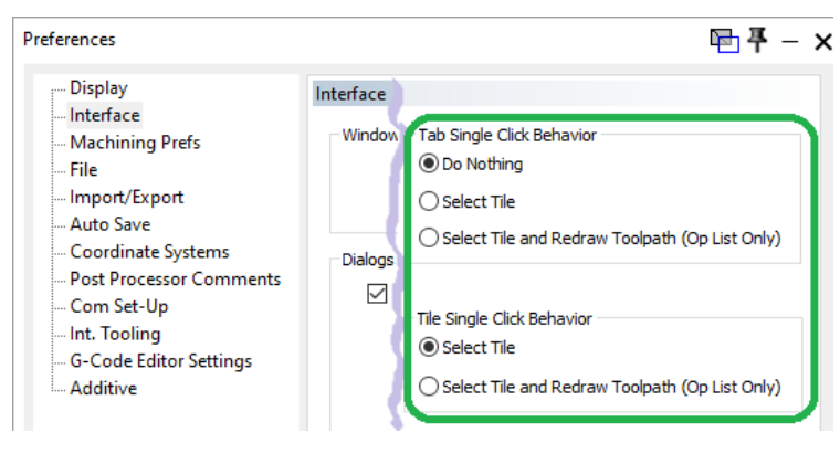GibbsCAM 2025 Interface preferences for single-click behavior on an Op tile-tab and an Op tile.