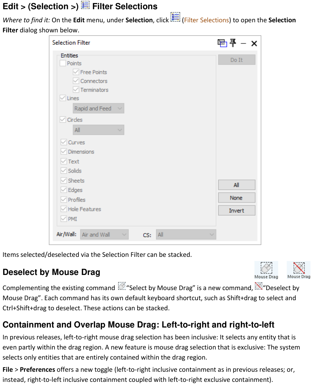 GibbsCAM 2025 Selection Filter with descriptions of stackable Select by Mouse Drag, Deselect by Mouse Drag, and directional containment.