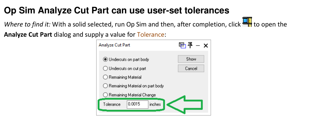 GibbsCAM 2025 Analyze Cut Part dialog highlighting the user-set Tolerance field and an example value of 0.0015 inches.