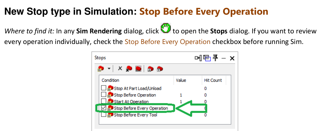 GibbsCAM 2025 Stops dialog with Stop Before Every Operation selected.