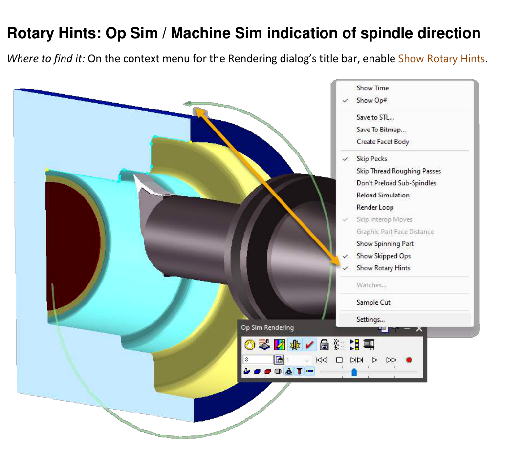 GibbsCAM 2025 Rendering context menu with Show Rotary Hints enabled and spindle-direction graphics around a rotary part.
