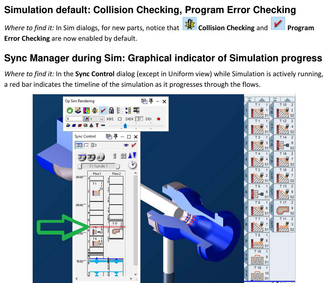 GibbsCAM 2025 notes showing collision and program-error checks enabled for new parts and a red Sync Control progress bar during simulation.