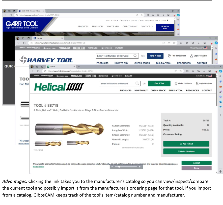 Examples of supported manufacturer catalog pages opened from imported GibbsCAM tool records, including product details and ordering or distributor options.