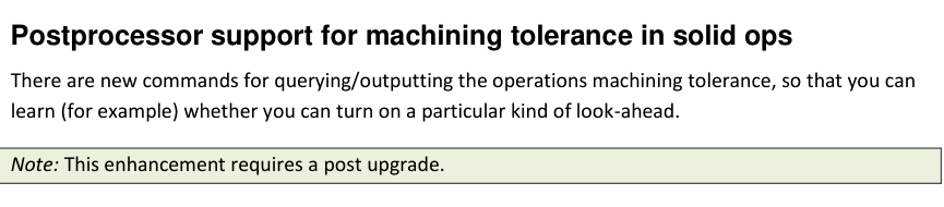 Solid-operation machining tolerance post support GibbsCAM 2025 documentation stating that new post commands can query or output solid-operation machining tolerance and that the feature requires a post upgrade.