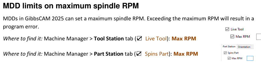 MDD maximum spindle RPM GibbsCAM 2025 documentation showing Max RPM on Live Tool and Spins Part stations and stating that exceeding the configured value produces a program error.