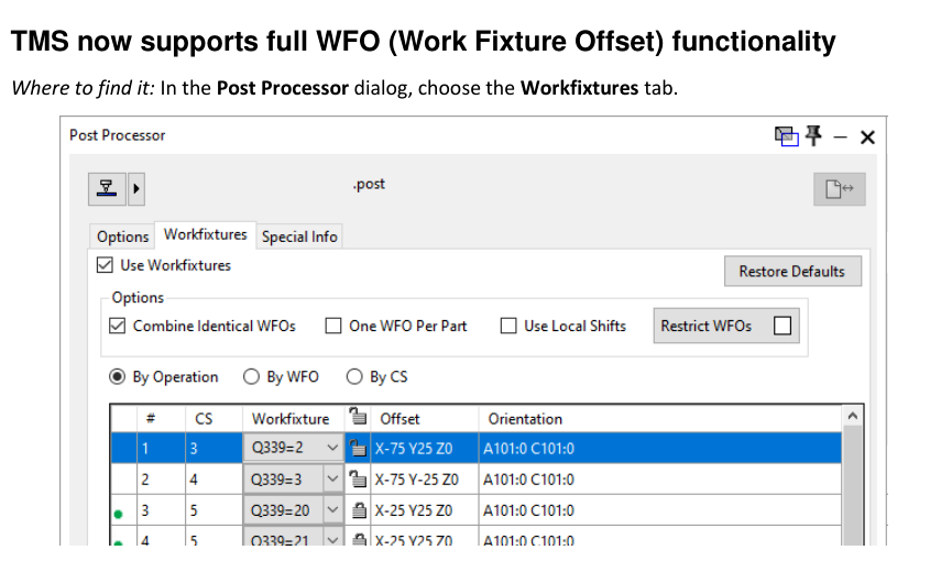 TMS Workfixtures configuration GibbsCAM 2025 Post Processor Workfixtures tab showing work-fixture-offset options and a table of coordinate systems, workfixtures, offsets, and orientations.