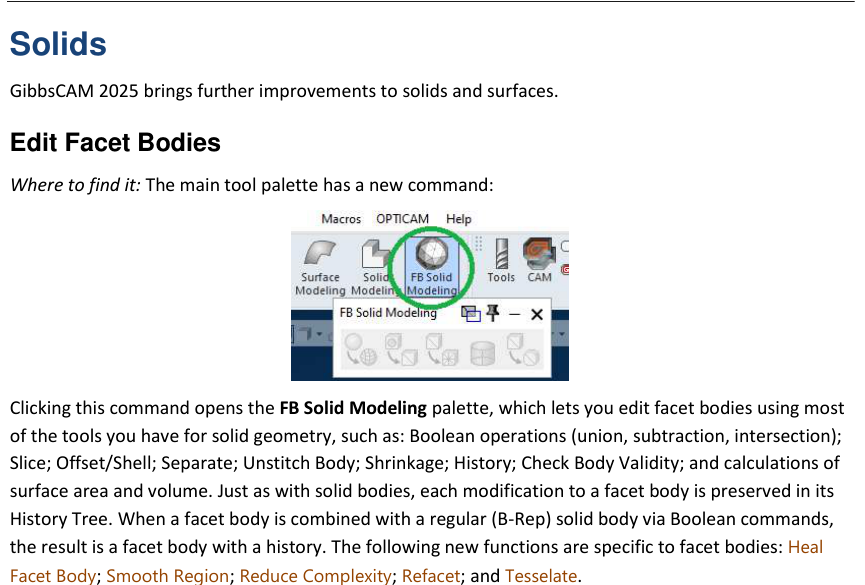 GibbsCAM 2025 documentation showing the FB Solid Modeling palette and the available solid-modeling and facet-specific commands.